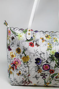 White Printed Shoulder Bag | Floral Pattern | White Straps | Faux Leather | Medium Size | Stylish/ Trendy Collection