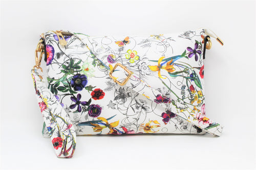 White Wrist-let Bag | Floral Pattern | Long Cross body Strap | Leather | Stylish/Trendy Collection
