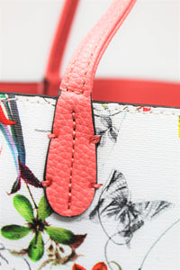 White Printed Shoulder Bag | Floral Pattern | Pink Straps | Faux Leather | Medium Size | Stylish/ Trendy Collection