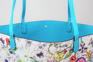 White Printed Shoulder Bag | Floral Pattern | Blue Straps | Faux Leather | Medium Size | Stylish/ Trendy Collection