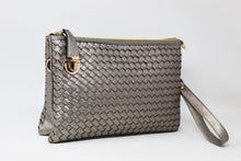 Load image into Gallery viewer, Metallic Grey Leather Clutch Handbag | Cross body | Exclusive | Stylish Hanging Bags | Faux Leather | Sling Bag | Mesh Design