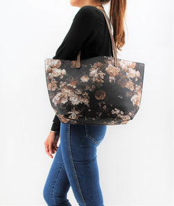 Black Printed Shoulder Bag | Floral Pattern | Brown Straps | Faux Leather | Medium Size | Stylish/ Trendy Collection