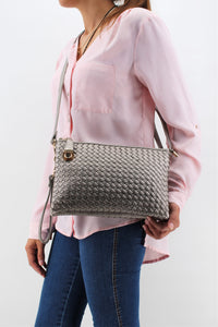 Metallic Grey Leather Clutch Handbag | Cross body | Exclusive | Stylish Hanging Bags | Faux Leather | Sling Bag | Mesh Design