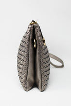 Load image into Gallery viewer, Metallic Grey Leather Clutch Handbag | Cross body | Exclusive | Stylish Hanging Bags | Faux Leather | Sling Bag | Mesh Design