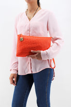 Load image into Gallery viewer, Orange Leather Clutch Handbag | Cross body | Exclusive | Stylish Hanging Bags | Faux Leather | Sling Bag | Mesh Design
