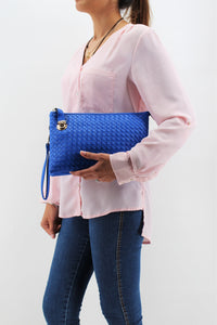Blue Leather Clutch Handbag | Cross body | Exclusive | Stylish Hanging Bags | Faux Leather | Sling Bag | Mesh Design